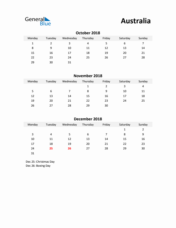 Printable Quarterly Calendar with Notes and Australia Holidays- Q4 of 2018