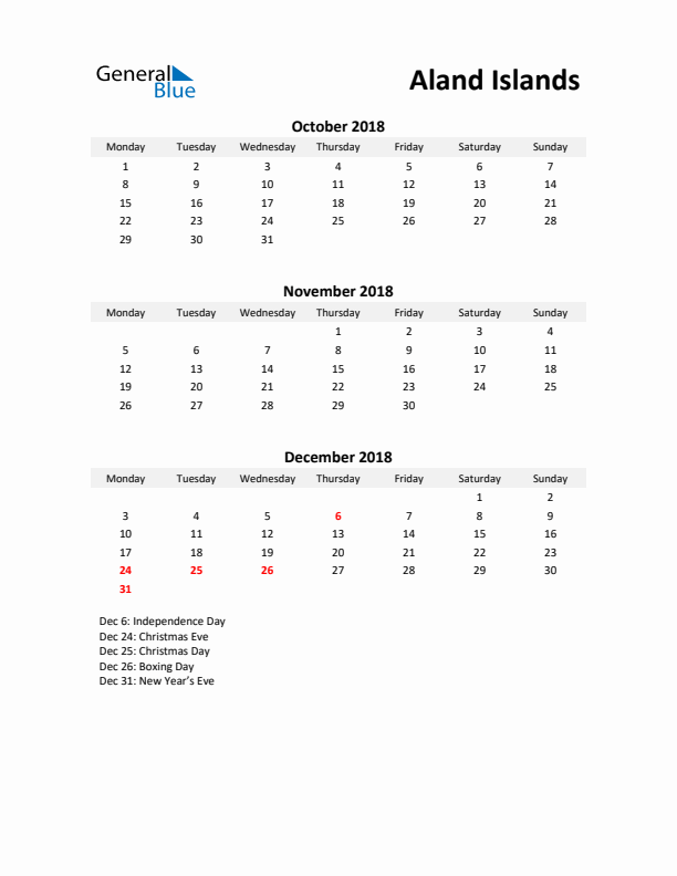 Printable Quarterly Calendar with Notes and Aland Islands Holidays- Q4 of 2018