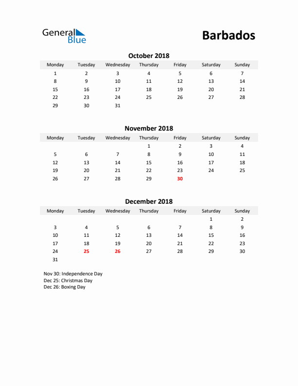 Printable Quarterly Calendar with Notes and Barbados Holidays- Q4 of 2018