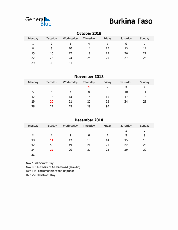 Printable Quarterly Calendar with Notes and Burkina Faso Holidays- Q4 of 2018