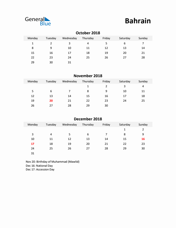 Printable Quarterly Calendar with Notes and Bahrain Holidays- Q4 of 2018