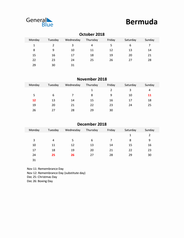 Printable Quarterly Calendar with Notes and Bermuda Holidays- Q4 of 2018