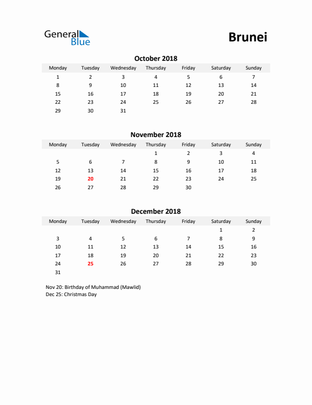 Printable Quarterly Calendar with Notes and Brunei Holidays- Q4 of 2018