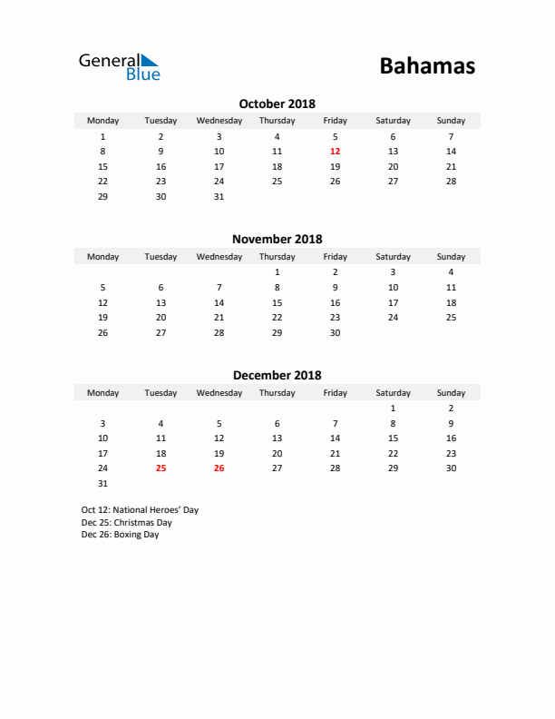 Printable Quarterly Calendar with Notes and Bahamas Holidays- Q4 of 2018