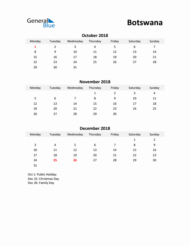 Printable Quarterly Calendar with Notes and Botswana Holidays- Q4 of 2018