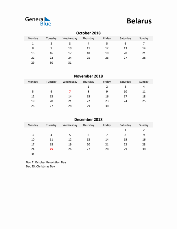 Printable Quarterly Calendar with Notes and Belarus Holidays- Q4 of 2018