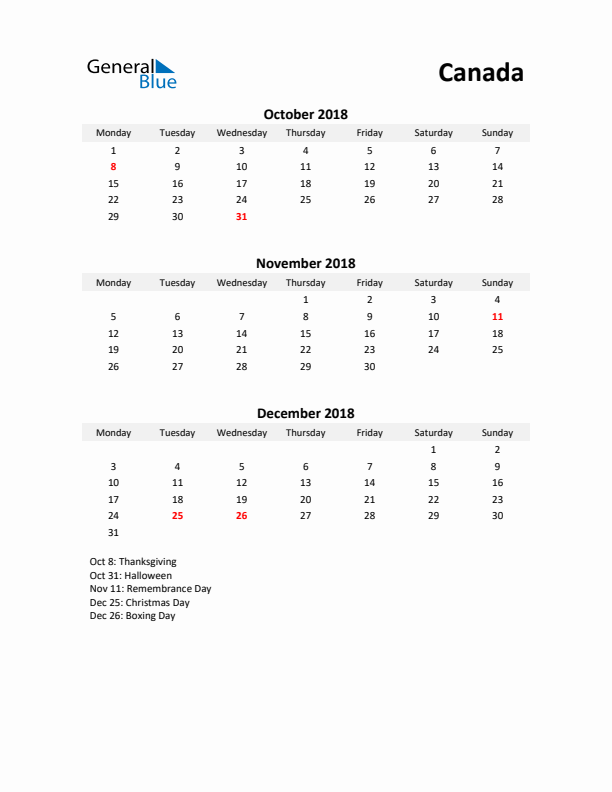 Printable Quarterly Calendar with Notes and Canada Holidays- Q4 of 2018