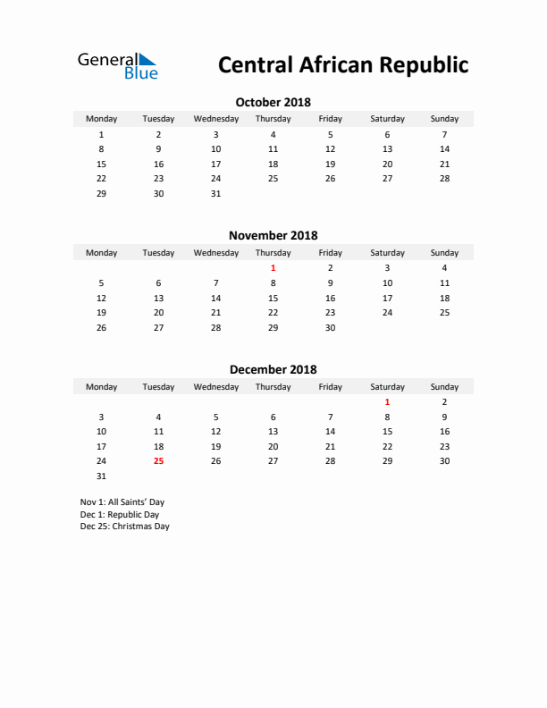 Printable Quarterly Calendar with Notes and Central African Republic Holidays- Q4 of 2018