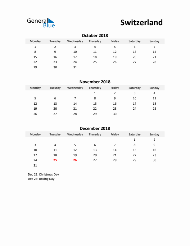 Printable Quarterly Calendar with Notes and Switzerland Holidays- Q4 of 2018