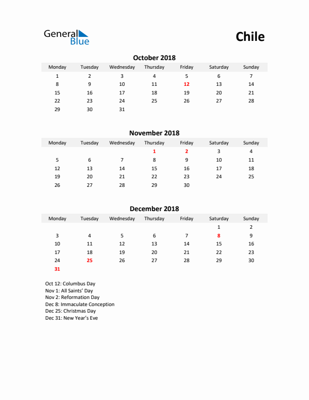 Printable Quarterly Calendar with Notes and Chile Holidays- Q4 of 2018