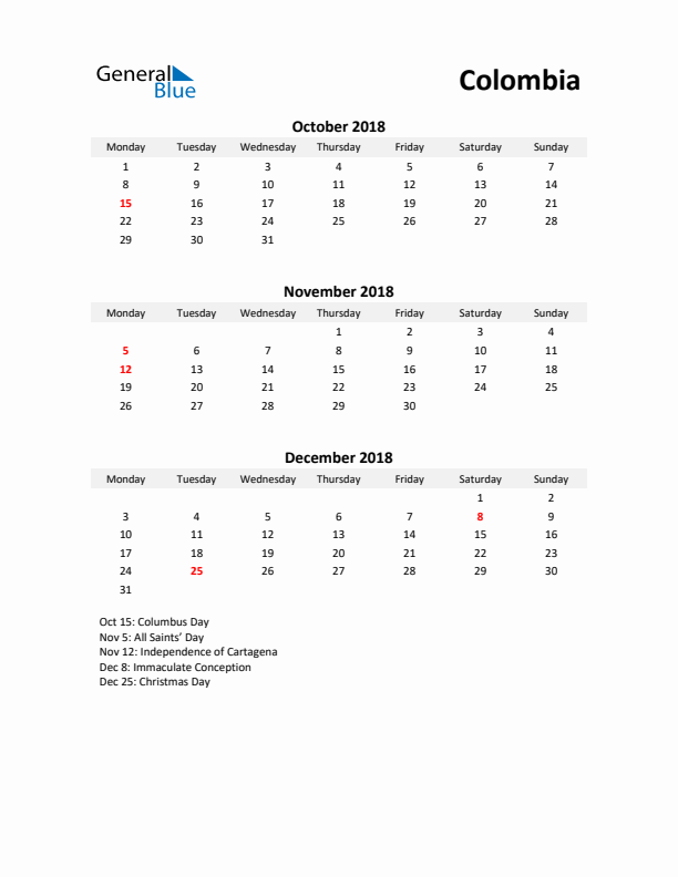 Printable Quarterly Calendar with Notes and Colombia Holidays- Q4 of 2018