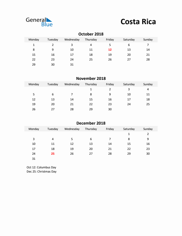 Printable Quarterly Calendar with Notes and Costa Rica Holidays- Q4 of 2018