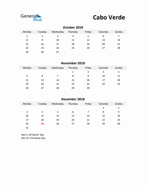 Printable Quarterly Calendar with Notes and Cabo Verde Holidays- Q4 of 2018