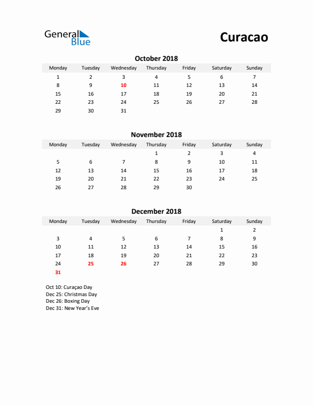 Printable Quarterly Calendar with Notes and Curacao Holidays- Q4 of 2018