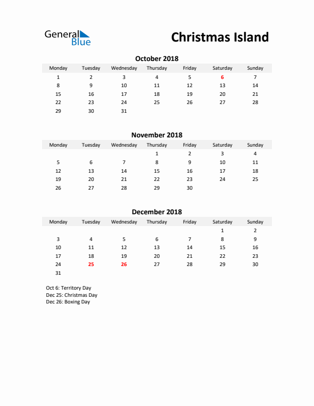 Printable Quarterly Calendar with Notes and Christmas Island Holidays- Q4 of 2018