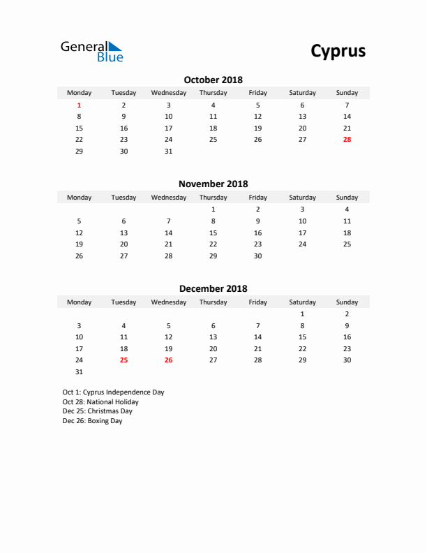 Printable Quarterly Calendar with Notes and Cyprus Holidays- Q4 of 2018