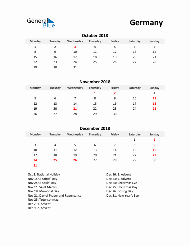 Printable Quarterly Calendar with Notes and Germany Holidays- Q4 of 2018