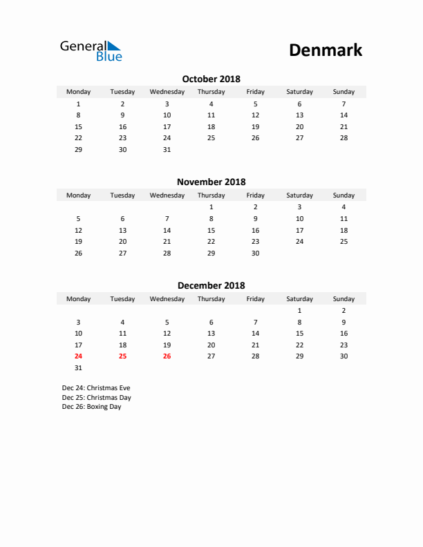 Printable Quarterly Calendar with Notes and Denmark Holidays- Q4 of 2018