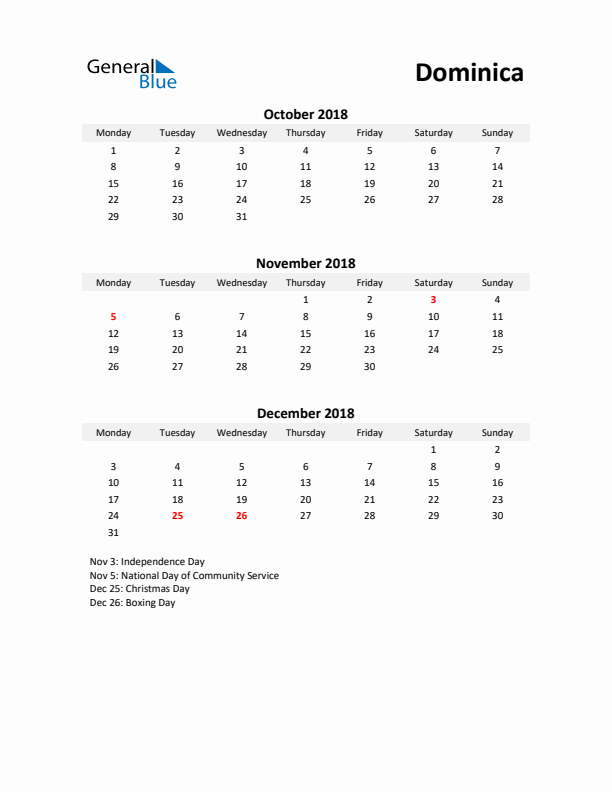 Printable Quarterly Calendar with Notes and Dominica Holidays- Q4 of 2018