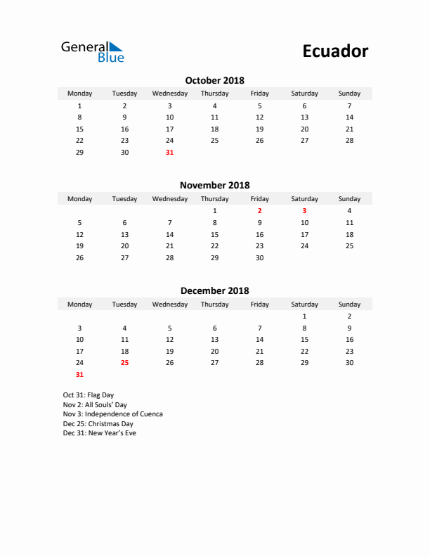 Printable Quarterly Calendar with Notes and Ecuador Holidays- Q4 of 2018