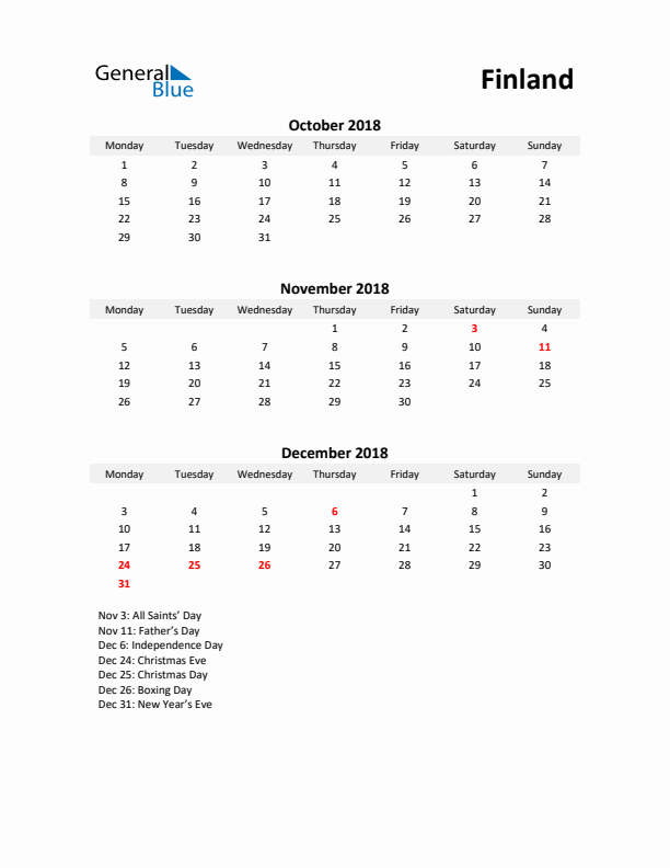 Printable Quarterly Calendar with Notes and Finland Holidays- Q4 of 2018