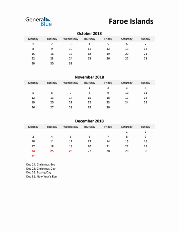 Printable Quarterly Calendar with Notes and Faroe Islands Holidays- Q4 of 2018