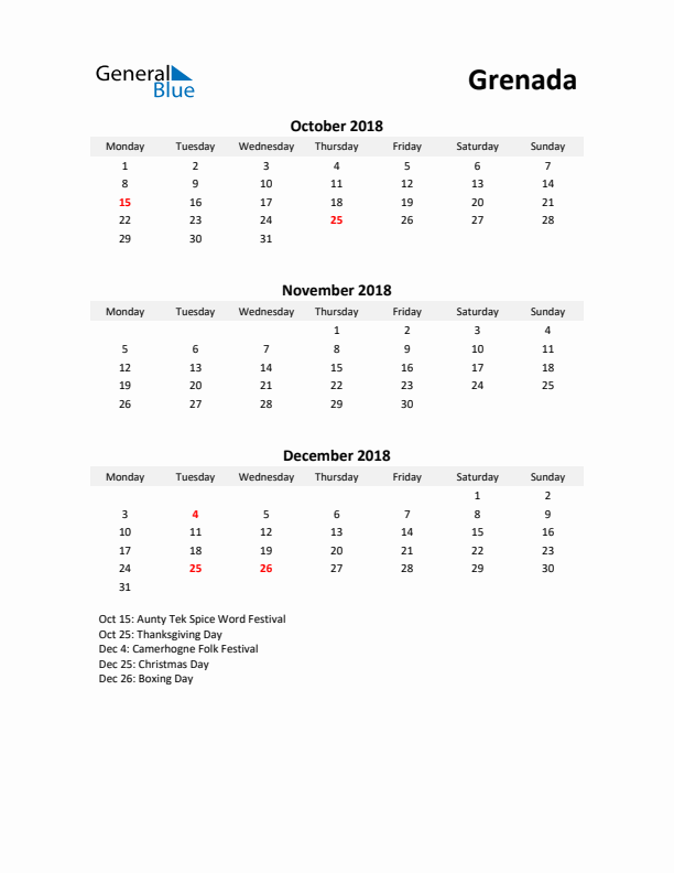 Printable Quarterly Calendar with Notes and Grenada Holidays- Q4 of 2018