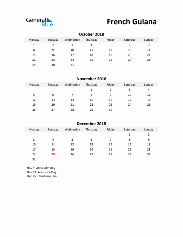 Printable Quarterly Calendar with Notes and French Guiana Holidays- Q4 of 2018