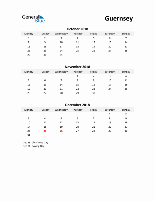 Printable Quarterly Calendar with Notes and Guernsey Holidays- Q4 of 2018