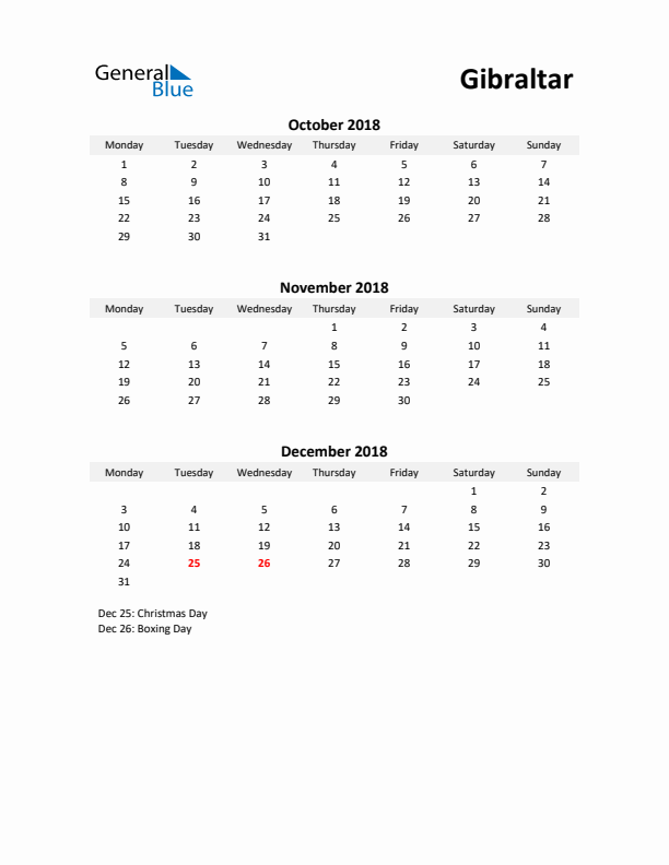 Printable Quarterly Calendar with Notes and Gibraltar Holidays- Q4 of 2018