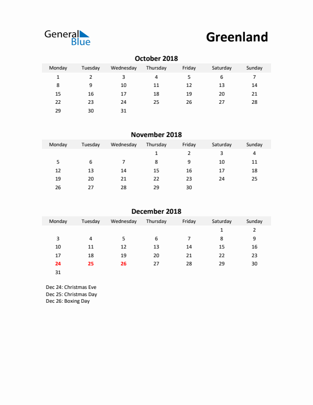 Printable Quarterly Calendar with Notes and Greenland Holidays- Q4 of 2018