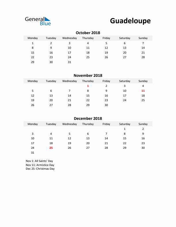 Printable Quarterly Calendar with Notes and Guadeloupe Holidays- Q4 of 2018