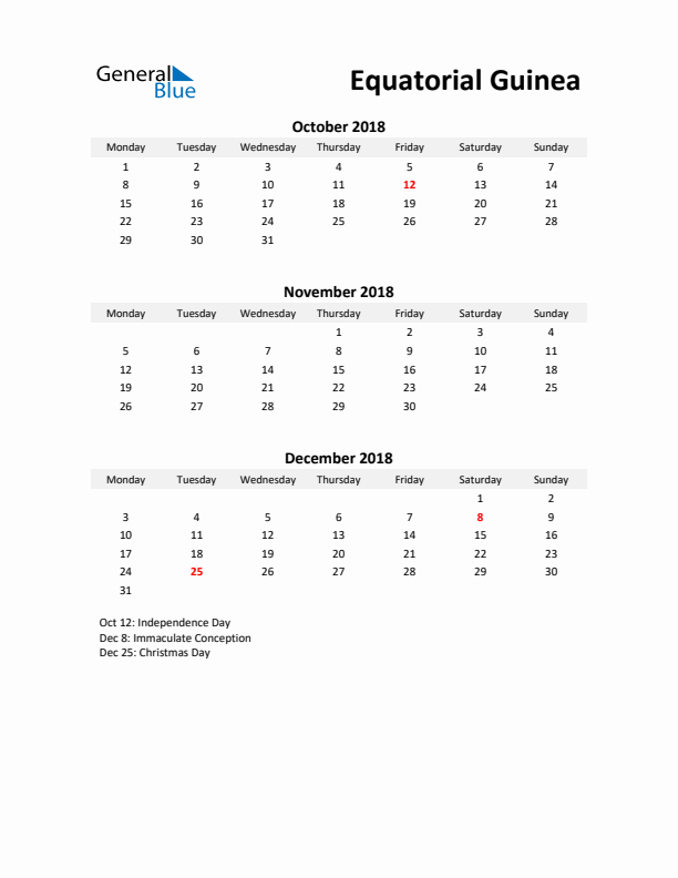 Printable Quarterly Calendar with Notes and Equatorial Guinea Holidays- Q4 of 2018