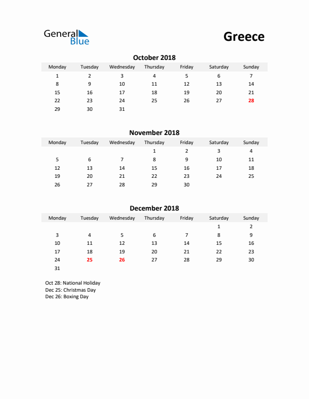 Printable Quarterly Calendar with Notes and Greece Holidays- Q4 of 2018