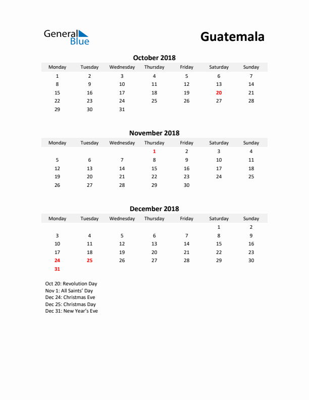 Printable Quarterly Calendar with Notes and Guatemala Holidays- Q4 of 2018