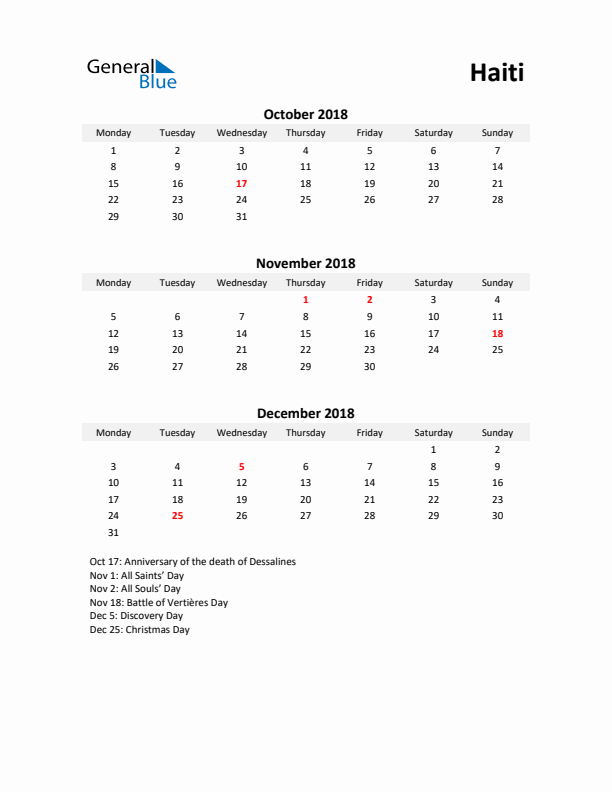 Printable Quarterly Calendar with Notes and Haiti Holidays- Q4 of 2018