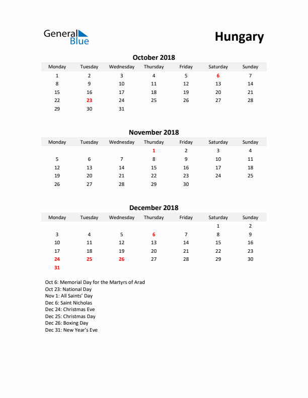 Printable Quarterly Calendar with Notes and Hungary Holidays- Q4 of 2018