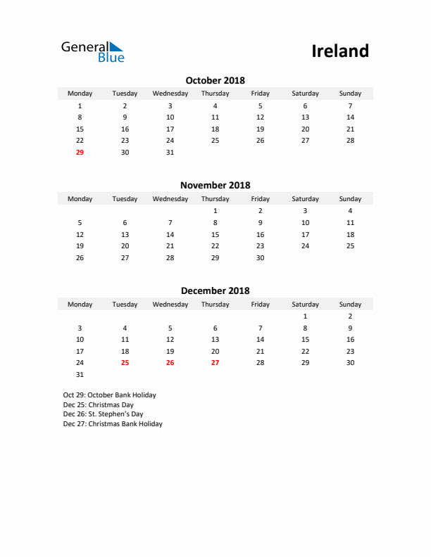 Printable Quarterly Calendar with Notes and Ireland Holidays- Q4 of 2018