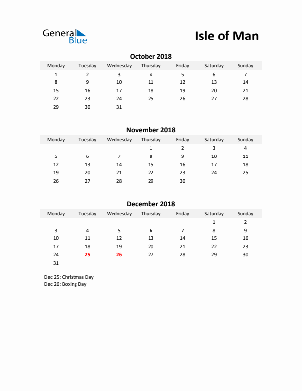 Printable Quarterly Calendar with Notes and Isle of Man Holidays- Q4 of 2018