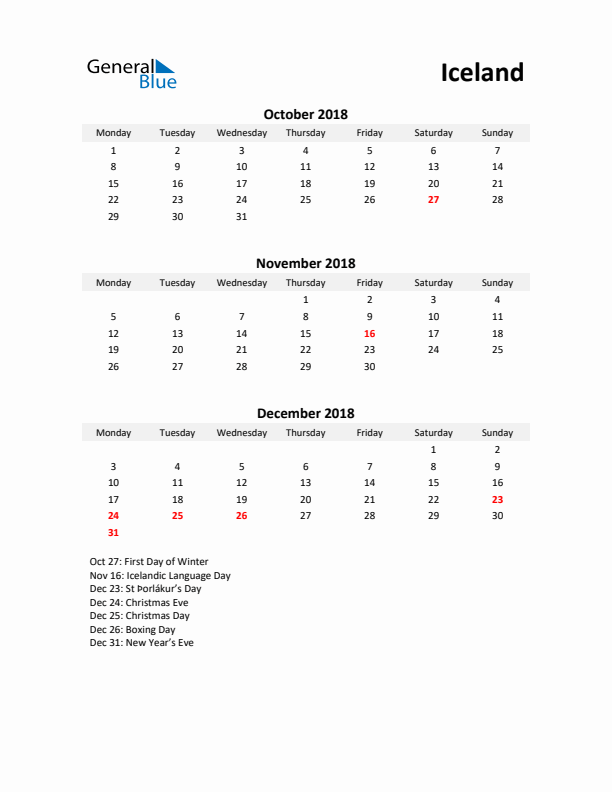 Printable Quarterly Calendar with Notes and Iceland Holidays- Q4 of 2018