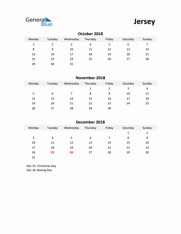 Printable Quarterly Calendar with Notes and Jersey Holidays- Q4 of 2018