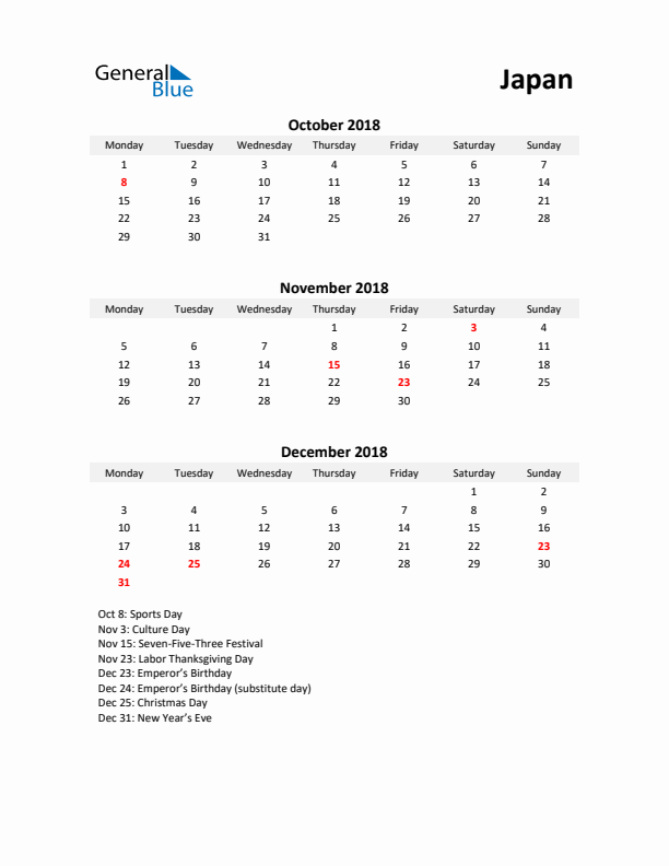 Printable Quarterly Calendar with Notes and Japan Holidays- Q4 of 2018