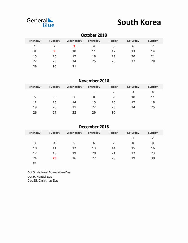 Printable Quarterly Calendar with Notes and South Korea Holidays- Q4 of 2018