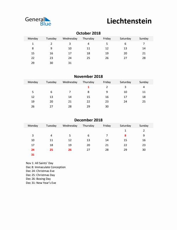 Printable Quarterly Calendar with Notes and Liechtenstein Holidays- Q4 of 2018