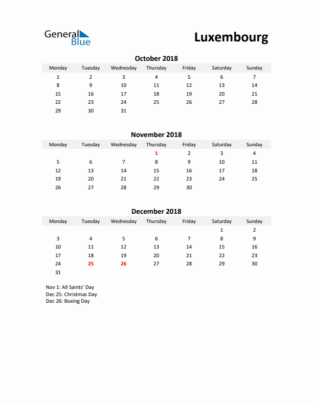 Printable Quarterly Calendar with Notes and Luxembourg Holidays- Q4 of 2018