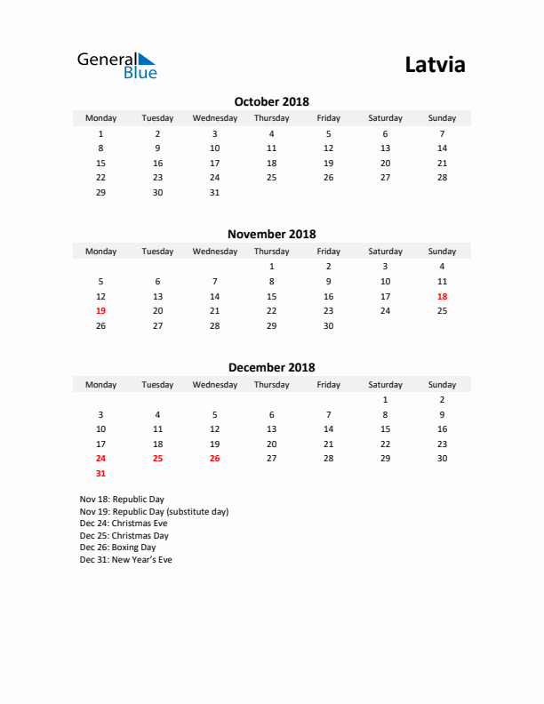 Printable Quarterly Calendar with Notes and Latvia Holidays- Q4 of 2018