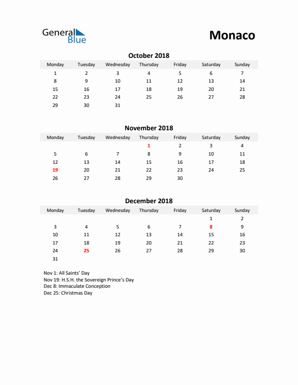 Printable Quarterly Calendar with Notes and Monaco Holidays- Q4 of 2018