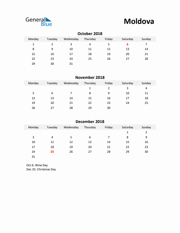 Printable Quarterly Calendar with Notes and Moldova Holidays- Q4 of 2018