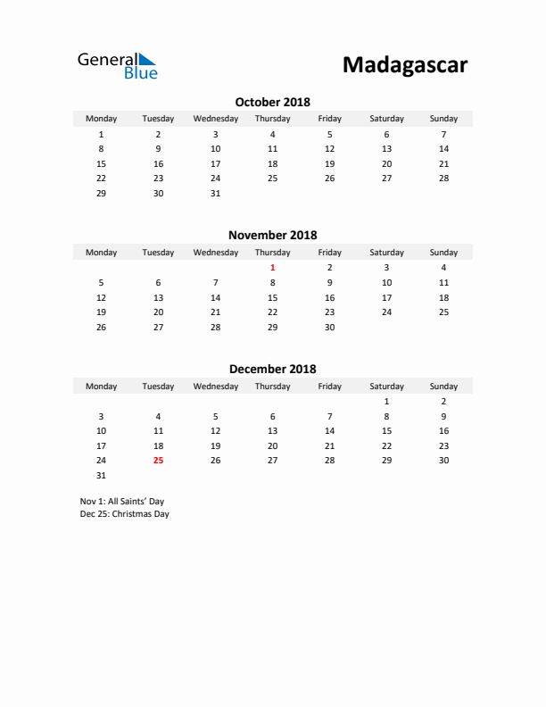 Printable Quarterly Calendar with Notes and Madagascar Holidays- Q4 of 2018