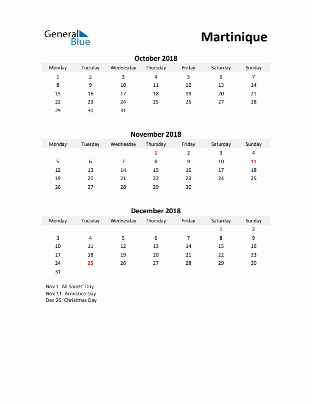 Printable Quarterly Calendar with Notes and Martinique Holidays- Q4 of 2018